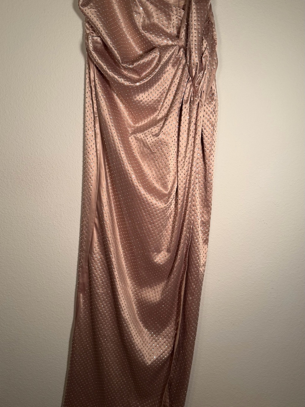 AKIRA Champagne Gold Rhinestone Strapless Ruched Maxi Dress - Picture 3 of 13
